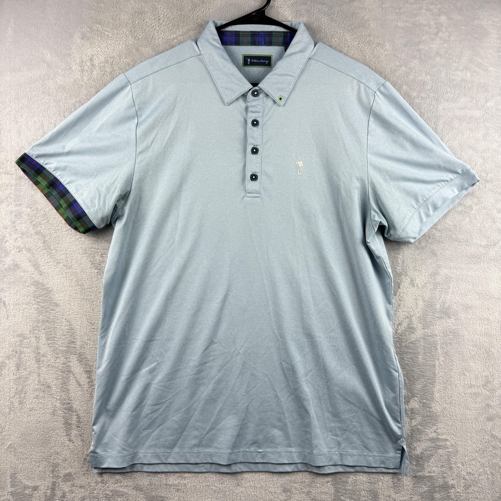 William Murray Polo Shirt Mens Large Blue Plaid Collar Golf Performance Stretch - Picture 2 of 9